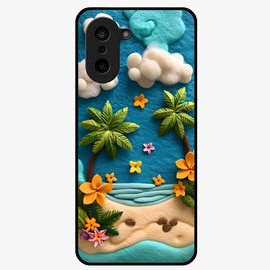 Tropical Felt Escape Glass Case for 1+Nord Ce 5 refreshing front view featuring tropical inspired artistic artwork