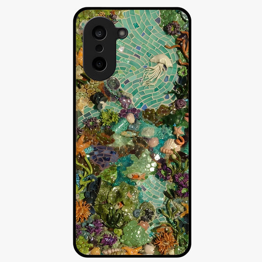 Underwater Mosaic Art Glass Case for 1+Nord Ce 5 artistic front view featuring mosaic inspired underwater artwork