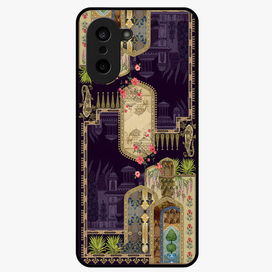 Velvet Mughal Art Glass Case for 1+Nord Ce 5 luxurious front view featuring intricate Mughal inspired artwork