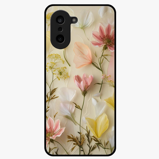 Whispering Petal Harmony Glass Case for 1+Nord Ce 5 elegant front view featuring soft floral artwork in pastel tones