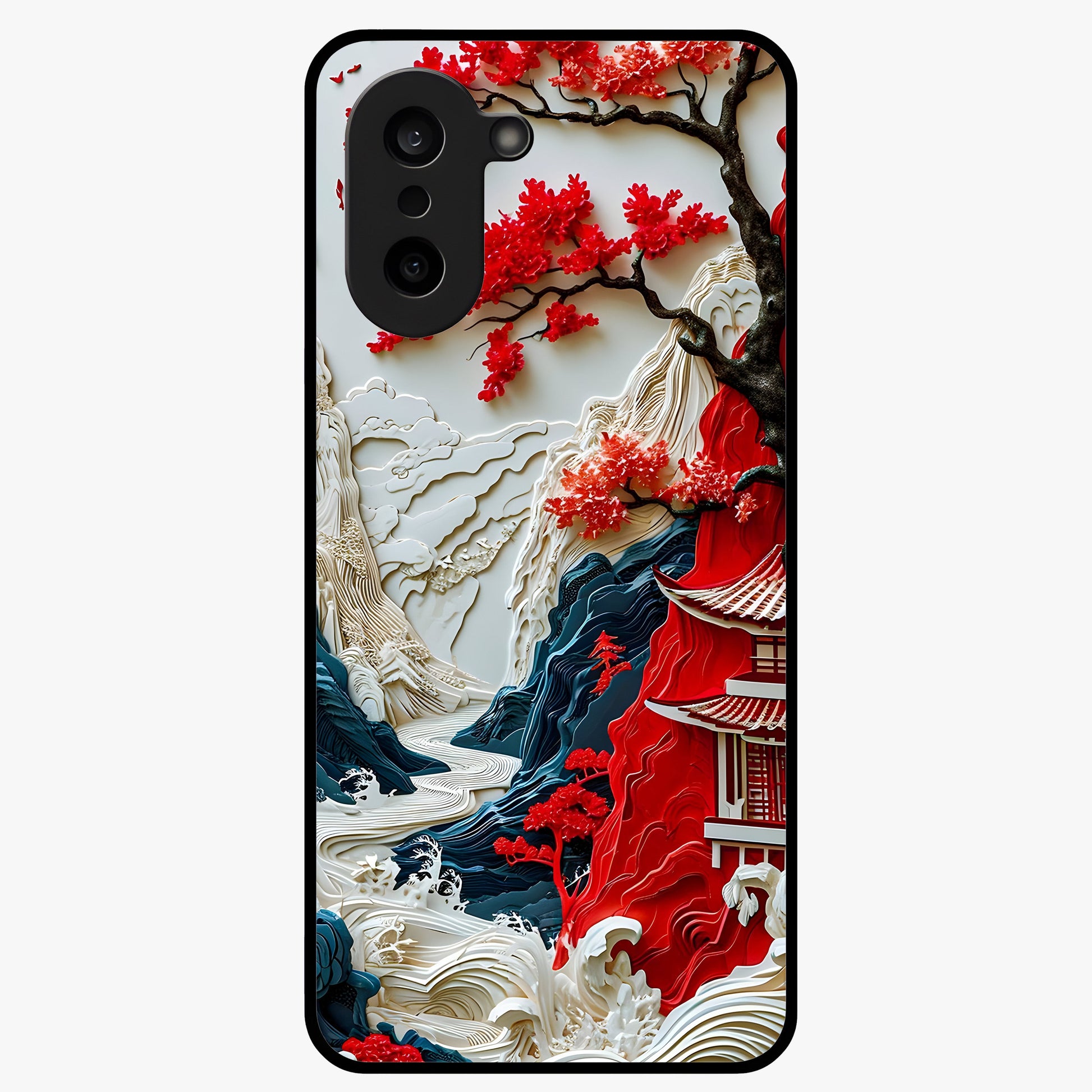 Whispers of Sakura Waves Glass Case for 1+Nord CE 5 artistic front view featuring cherry blossom artwork blended with flowing waves