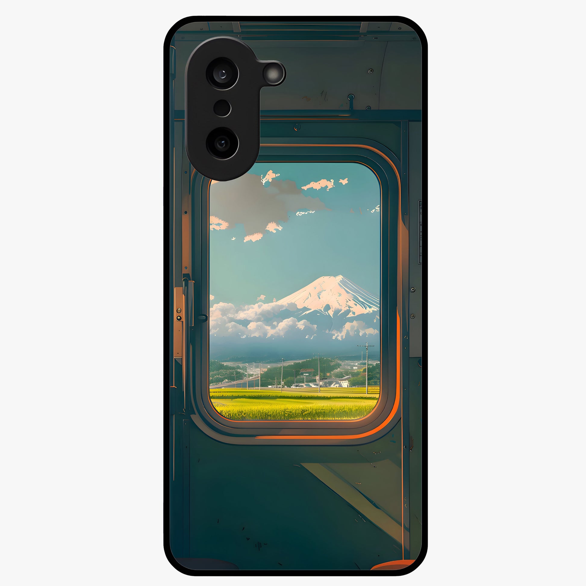 Window to Fuji Glass Case for 1+Nord CE 5 scenic front view featuring Mount Fuji artwork framed through a window design