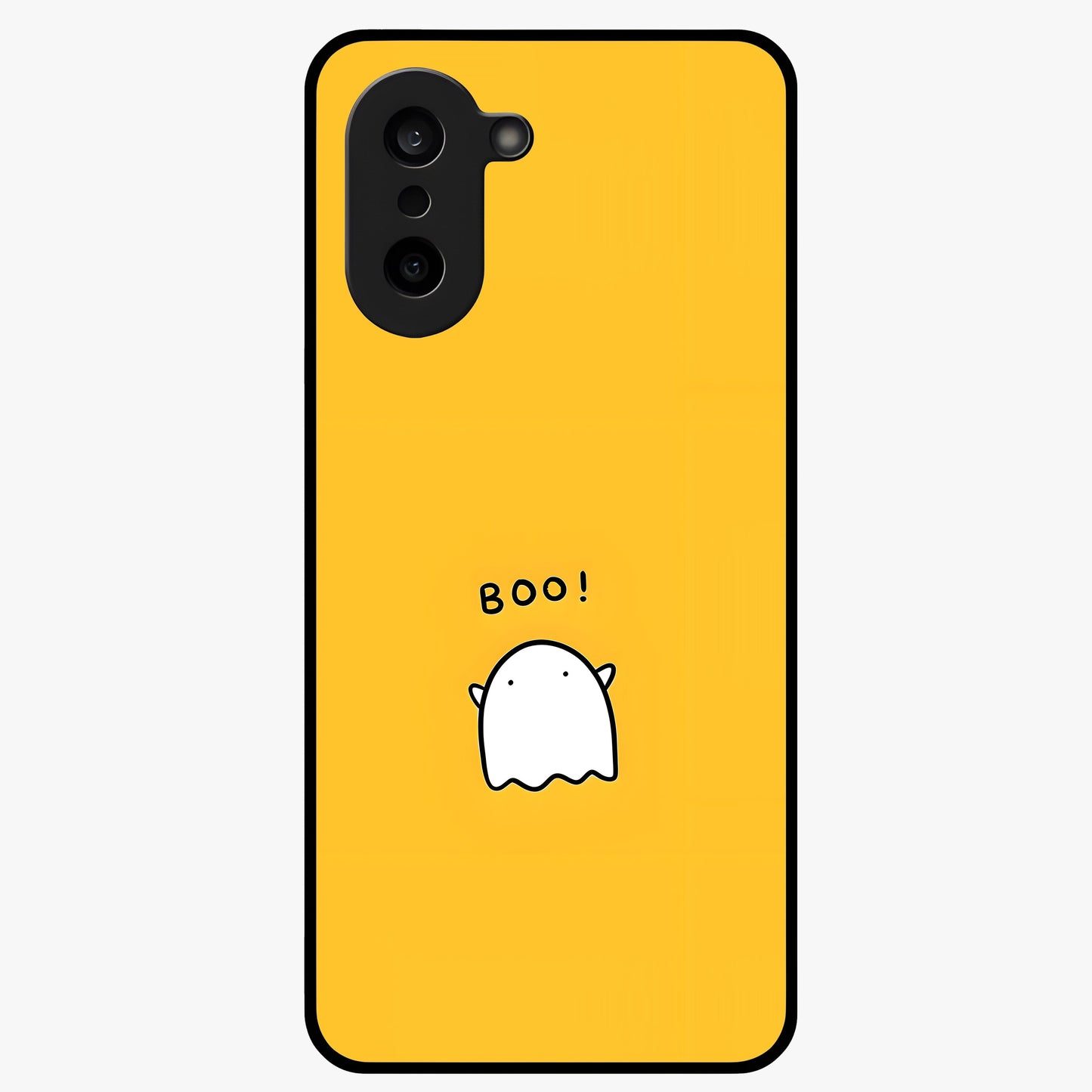 Yellow Boo Ghost Glass Case for 1+Nord CE 5 playful front view featuring cute ghost artwork in vibrant yellow tones