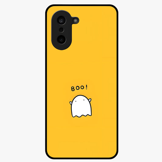 Yellow Boo Ghost Glass Case for 1+Nord CE 5 playful front view featuring cute ghost artwork in vibrant yellow tones