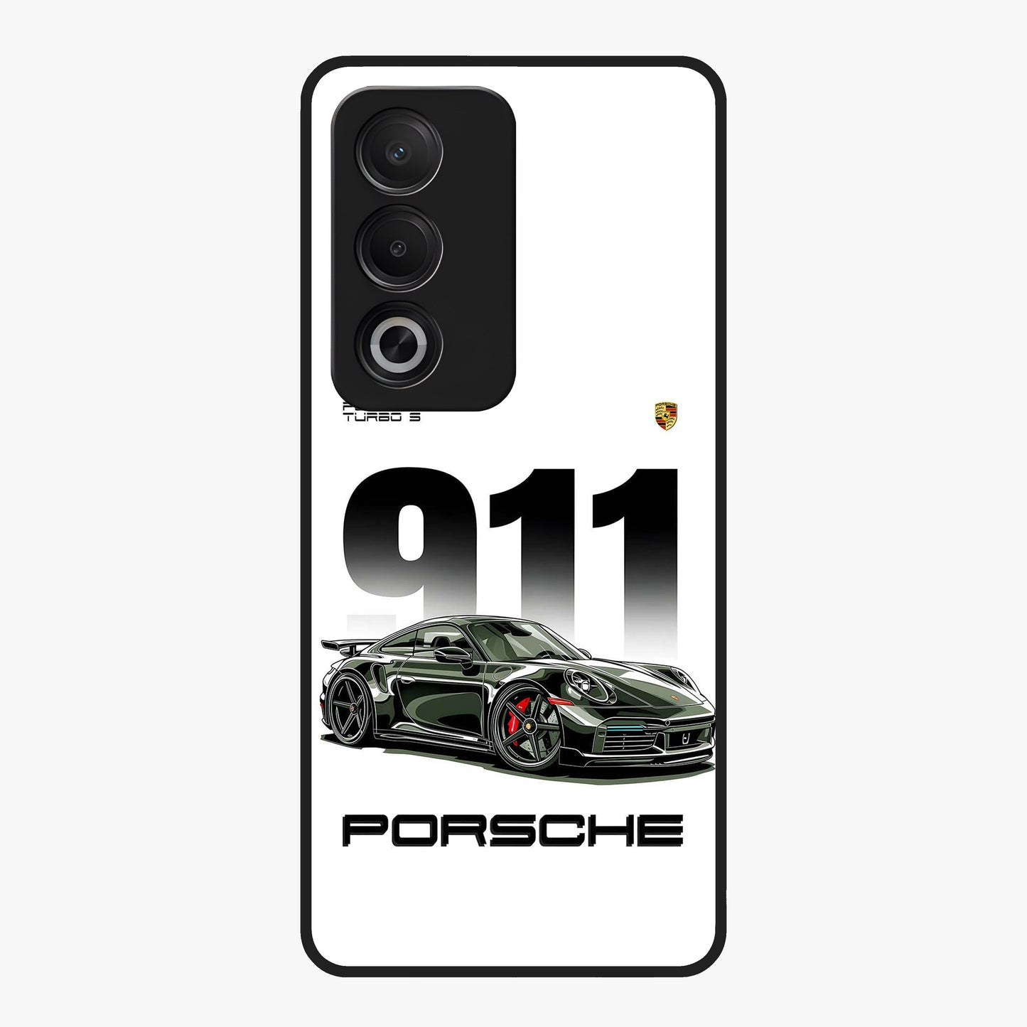 911 Turbo Dominance Glass Case showing clean flat back view with bold 911 sports car artwork and glossy glass finish.