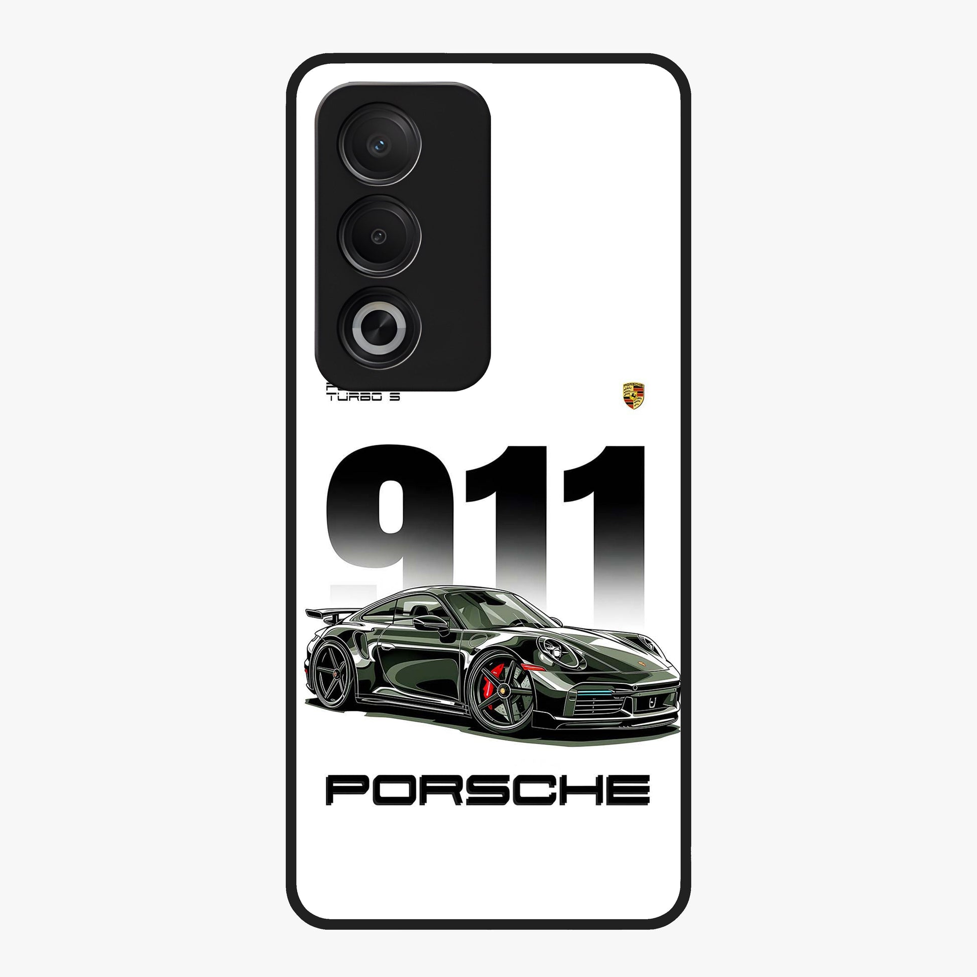 911 Turbo Dominance Glass Case showing clean flat back view with bold 911 sports car artwork and glossy glass finish.