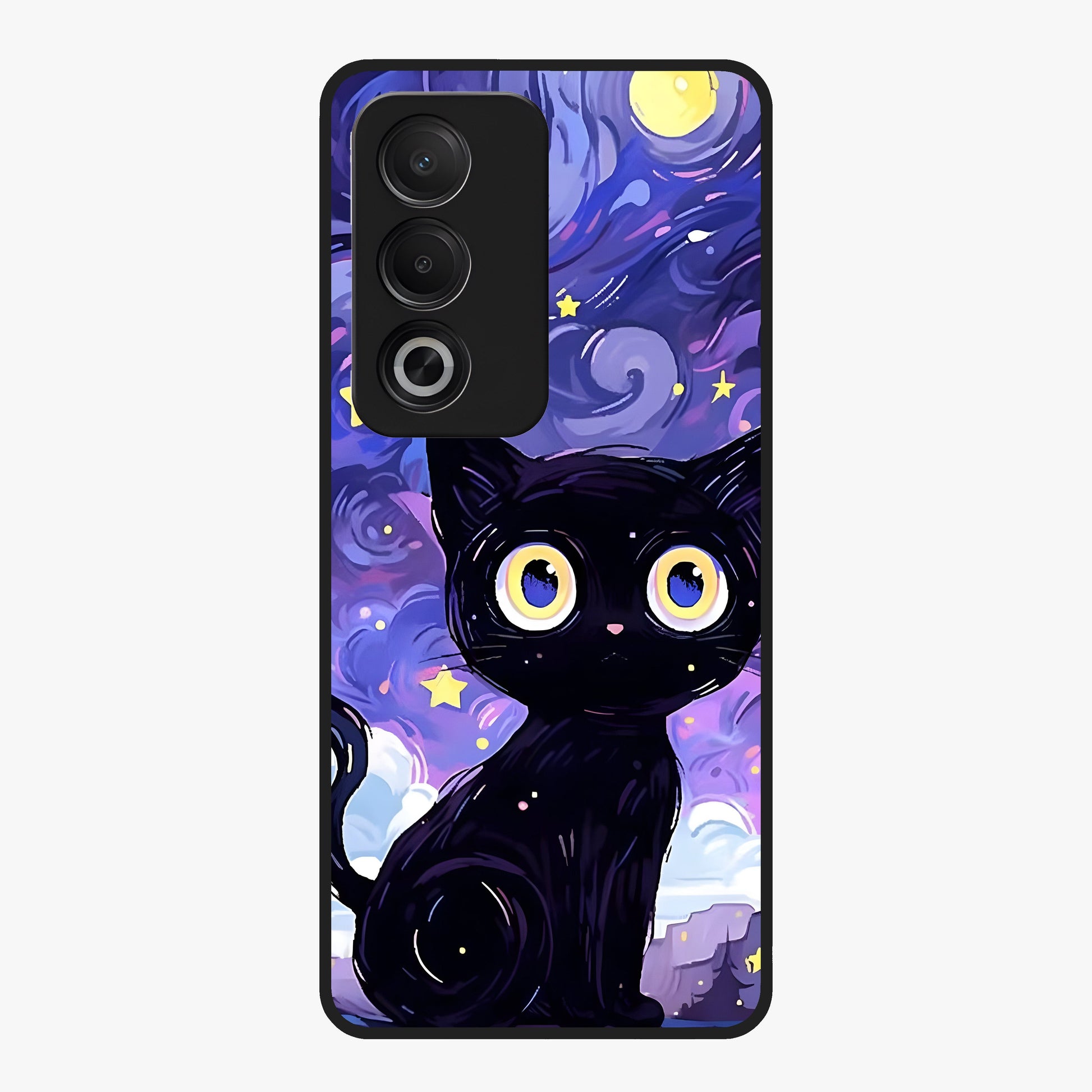 Abstract Cat Art Glass Case showing flat back view with artistic cat illustration and glossy glass finish.