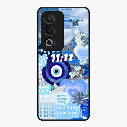 Aesthetic Be Kind Eye Glass Case showing flat back view with motivational eye artwork and glossy glass finish.