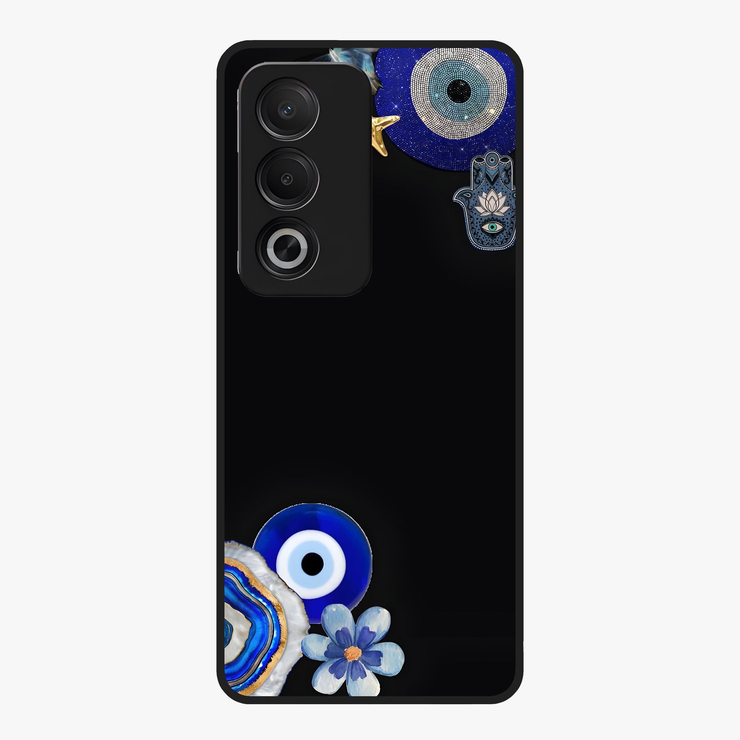 Aesthetic Blue Evil Eye Glass Case showing flat back view with protective evil eye artwork and glossy glass finish.