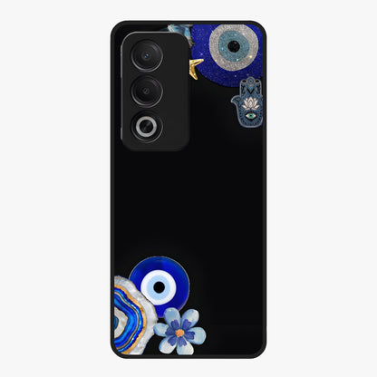 Aesthetic Blue Evil Eye Glass Case showing flat back view with protective evil eye artwork and glossy glass finish.