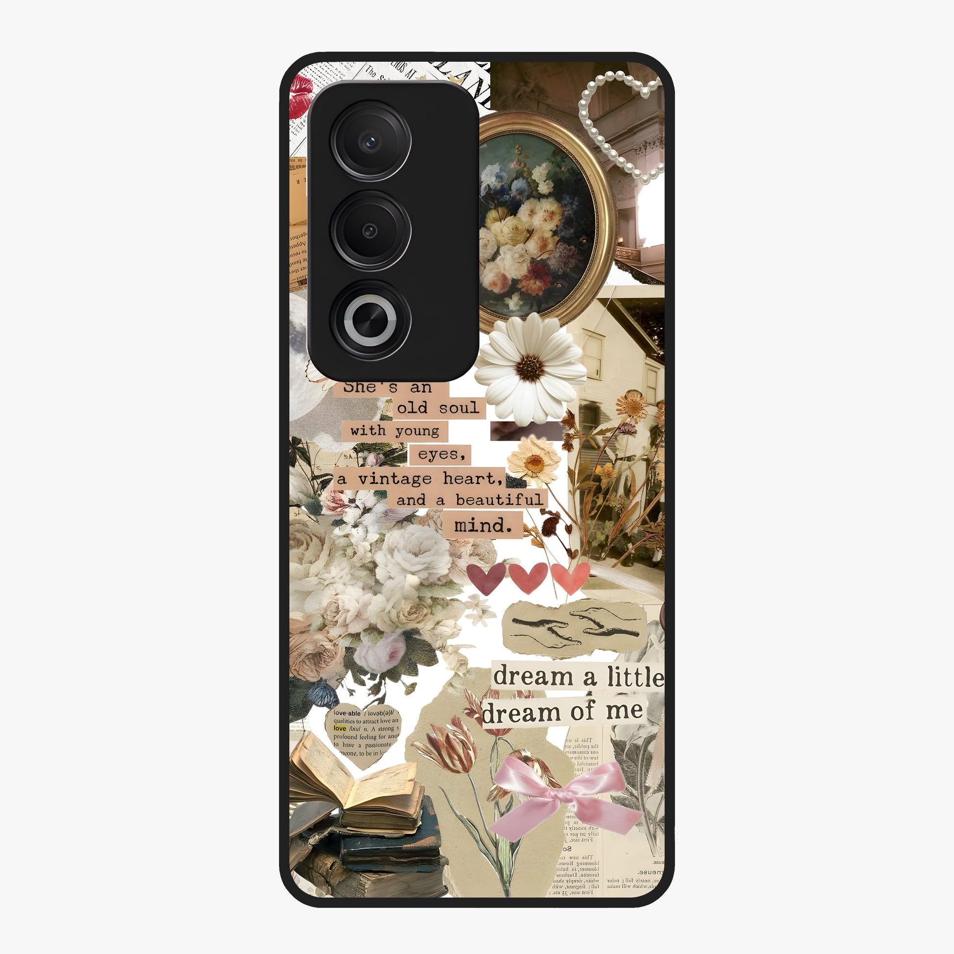 Aesthetic Brown Vintage Collage Glass Case showing flat back view with retro collage artwork and glossy glass finish.