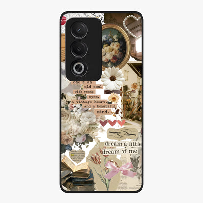 Aesthetic Brown Vintage Collage Glass Case showing flat back view with retro collage artwork and glossy glass finish.
