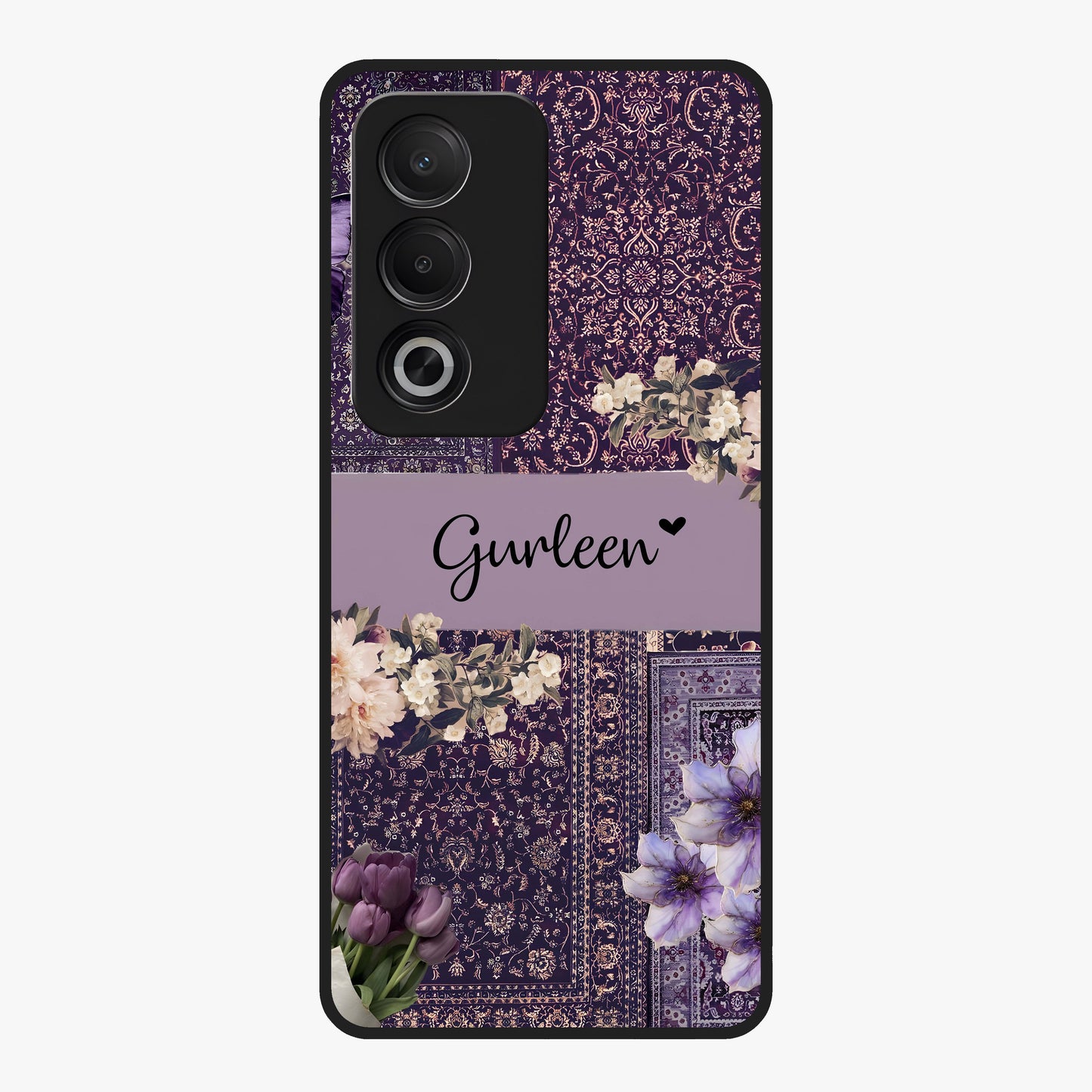 Antique Floral Whisper Custom Name Glass Case showing flat back view with vintage floral artwork and personalized name design.