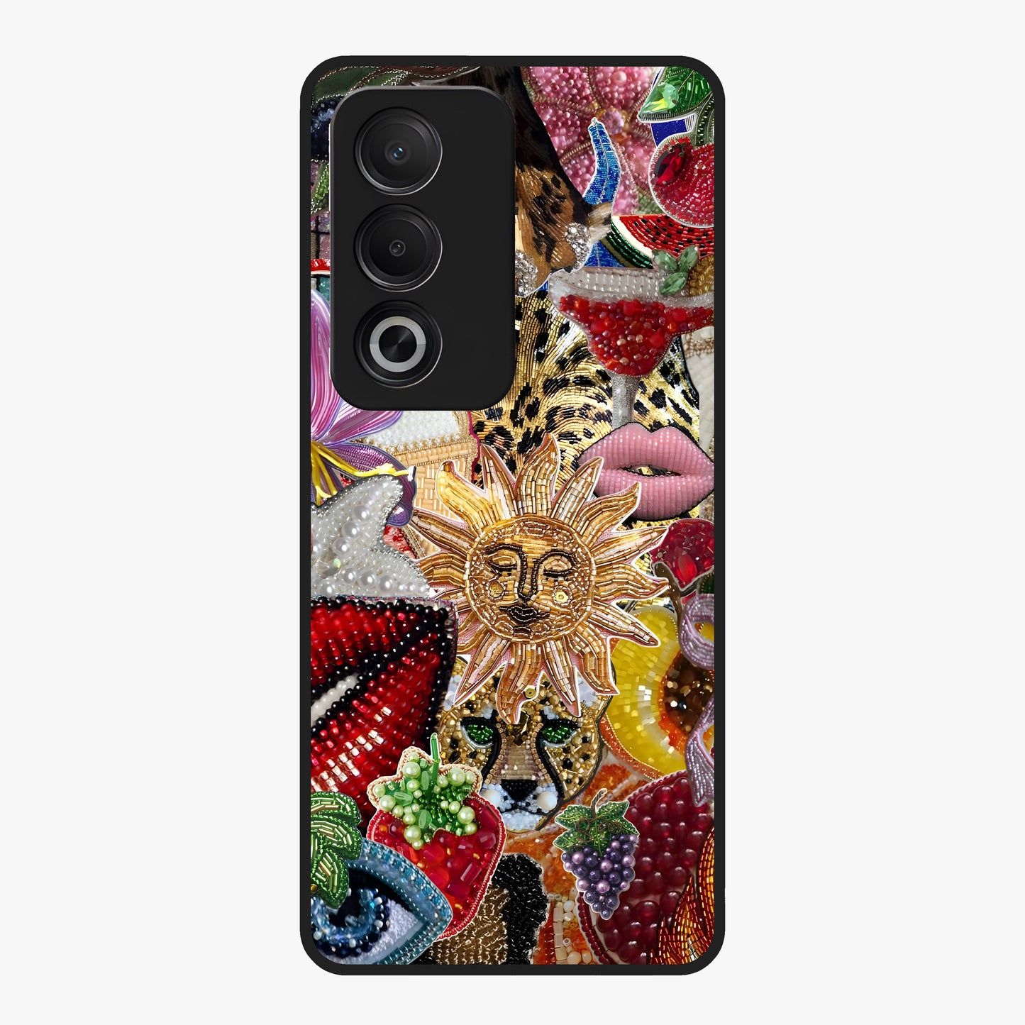 Beaded Fashion Jungle Glass Case showing flat back view with vibrant jungle inspired bead artwork and glossy glass finish.