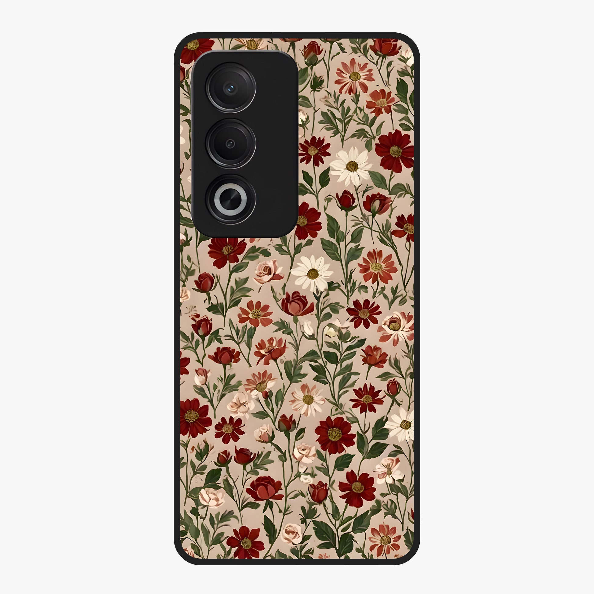 Biege Flower With Leaf Glass Case showing flat back view with soft beige floral artwork and glossy glass finish.