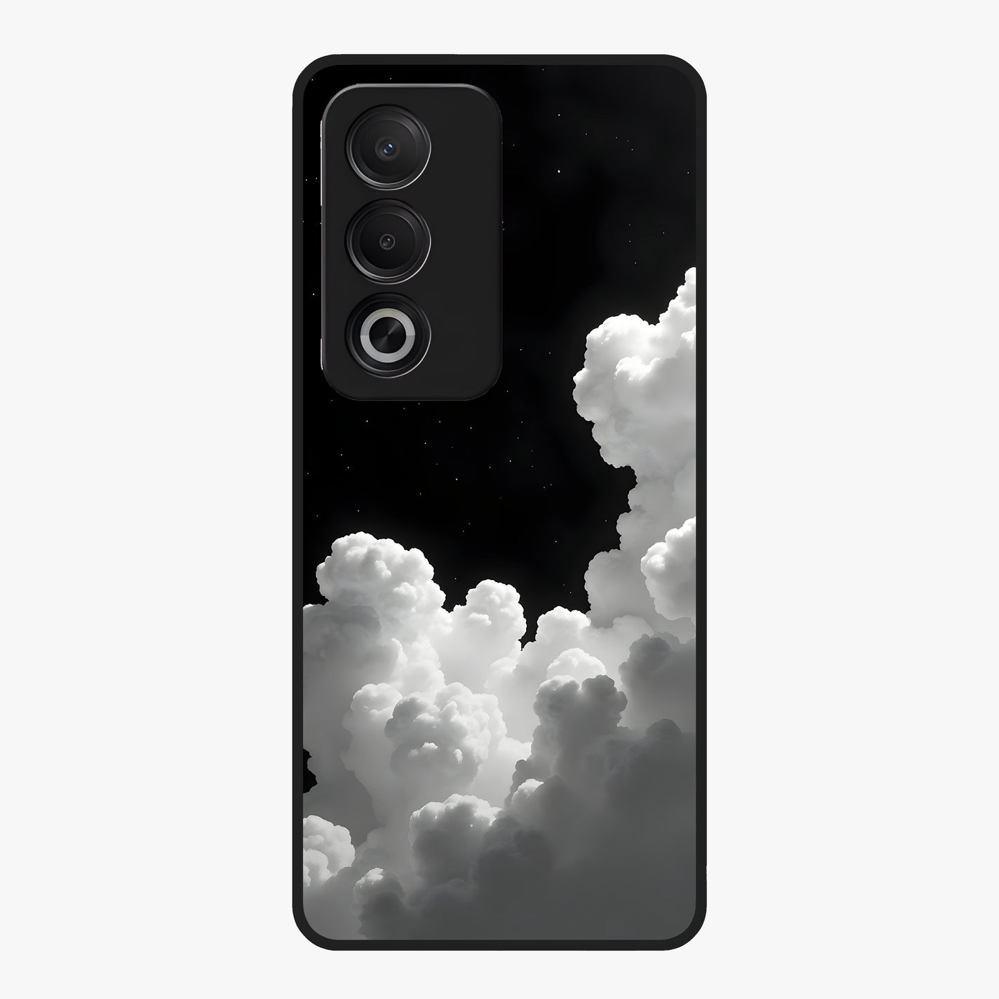 Black Background With White Cloud Glass Case showing flat back view with minimal cloud artwork on dark background and glossy glass finish.