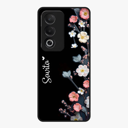 Black Elegance Floral Custom Name Glass Case showing flat back view with elegant floral artwork and personalized name design.