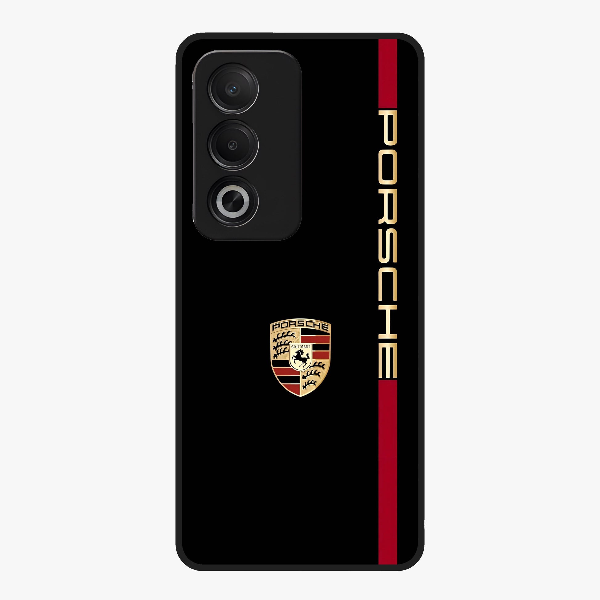 Black Minimal Porsche Glass Case showing flat back view with sleek minimal sports car artwork and glossy glass finish.