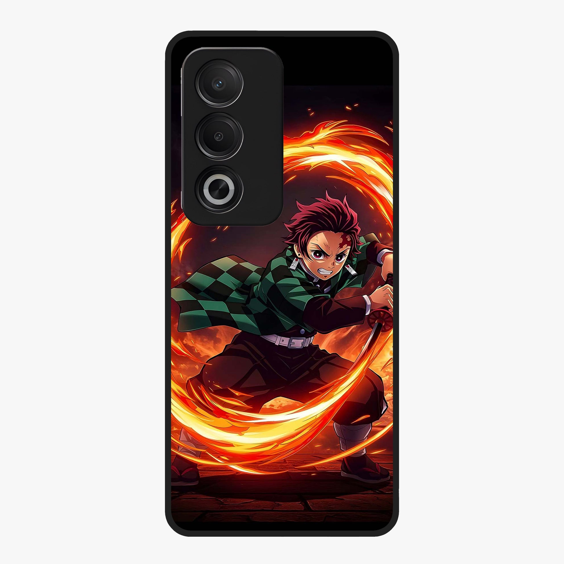 Blazing Sword Resolve Glass Case showing flat back view with fiery sword artwork and glossy glass finish.
