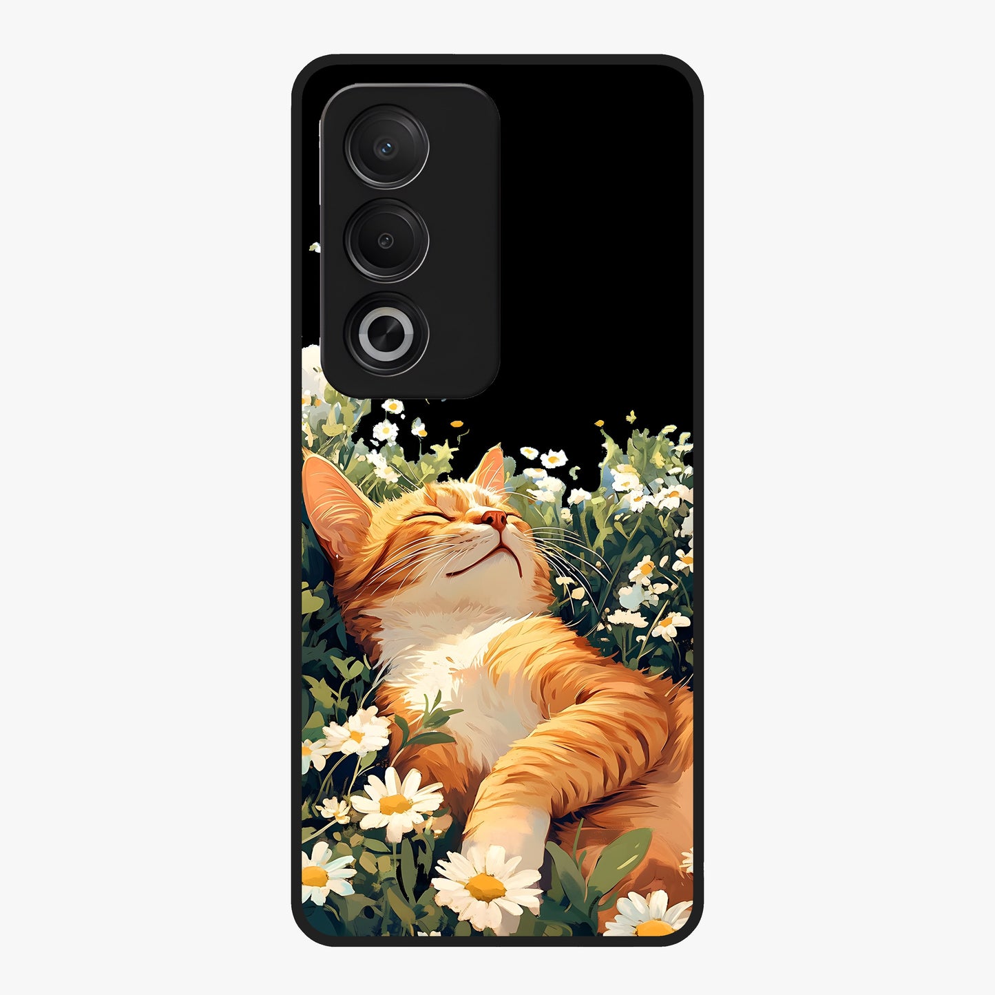 Blissful Bloom Cat Glass Case showing flat back view with cute cat and floral bloom artwork and glossy glass finish.