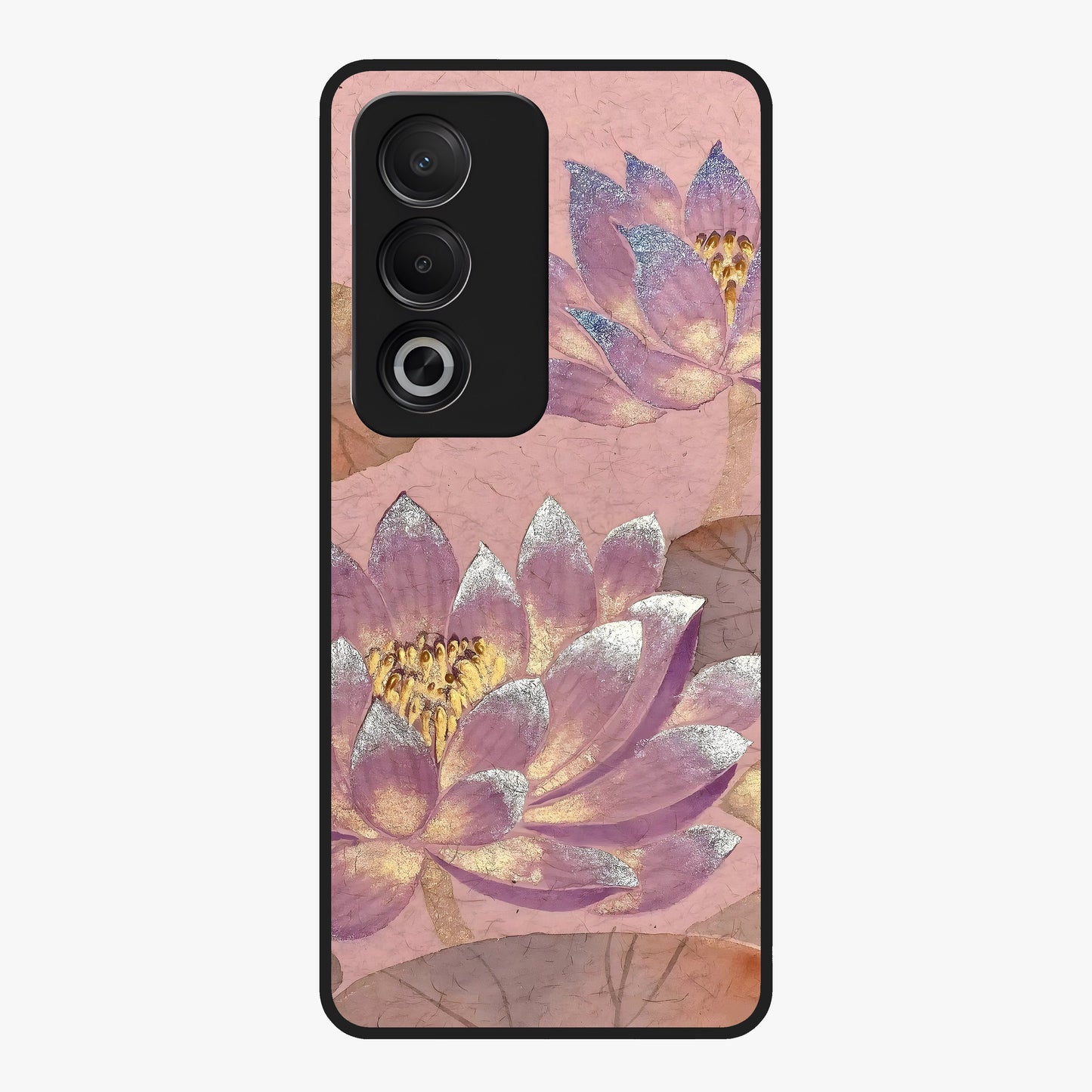 Blossom Mist Lotus Glass Case showing flat back view with serene lotus blossom artwork and glossy glass finish.