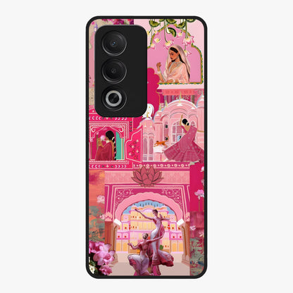Blossoms of Rajasthan Glass Case showing flat back view with traditional floral artwork inspired by Rajasthan and glossy glass finish.