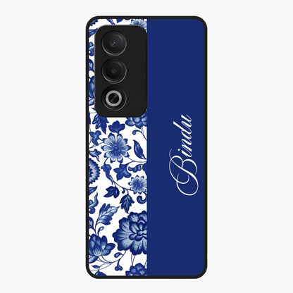 Blue Vintage Floral Pattern Glass Case upright view showcasing timeless floral illustration with vintage inspired style.