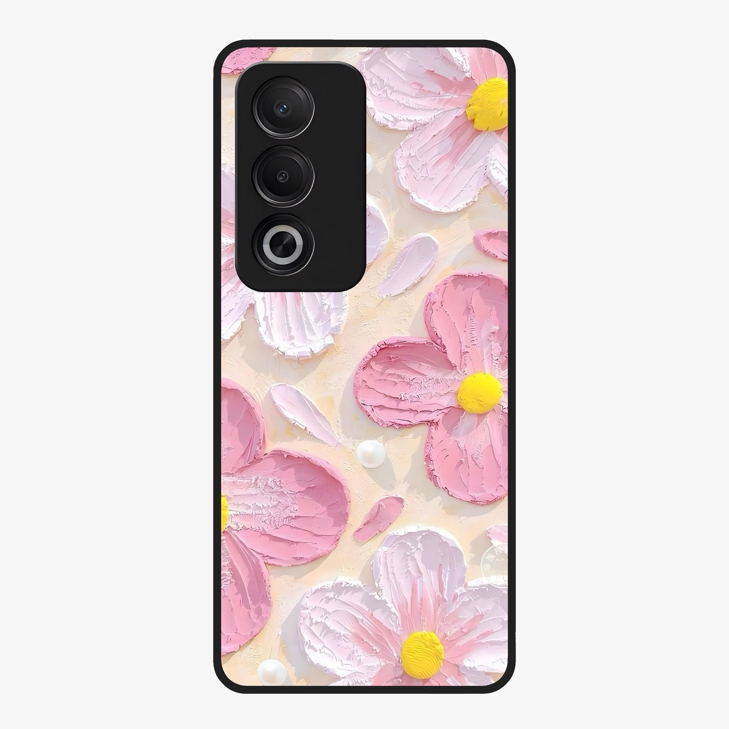 Blush Bloom Texture Glass Case showing flat back view with soft blush floral texture artwork and glossy glass finish.