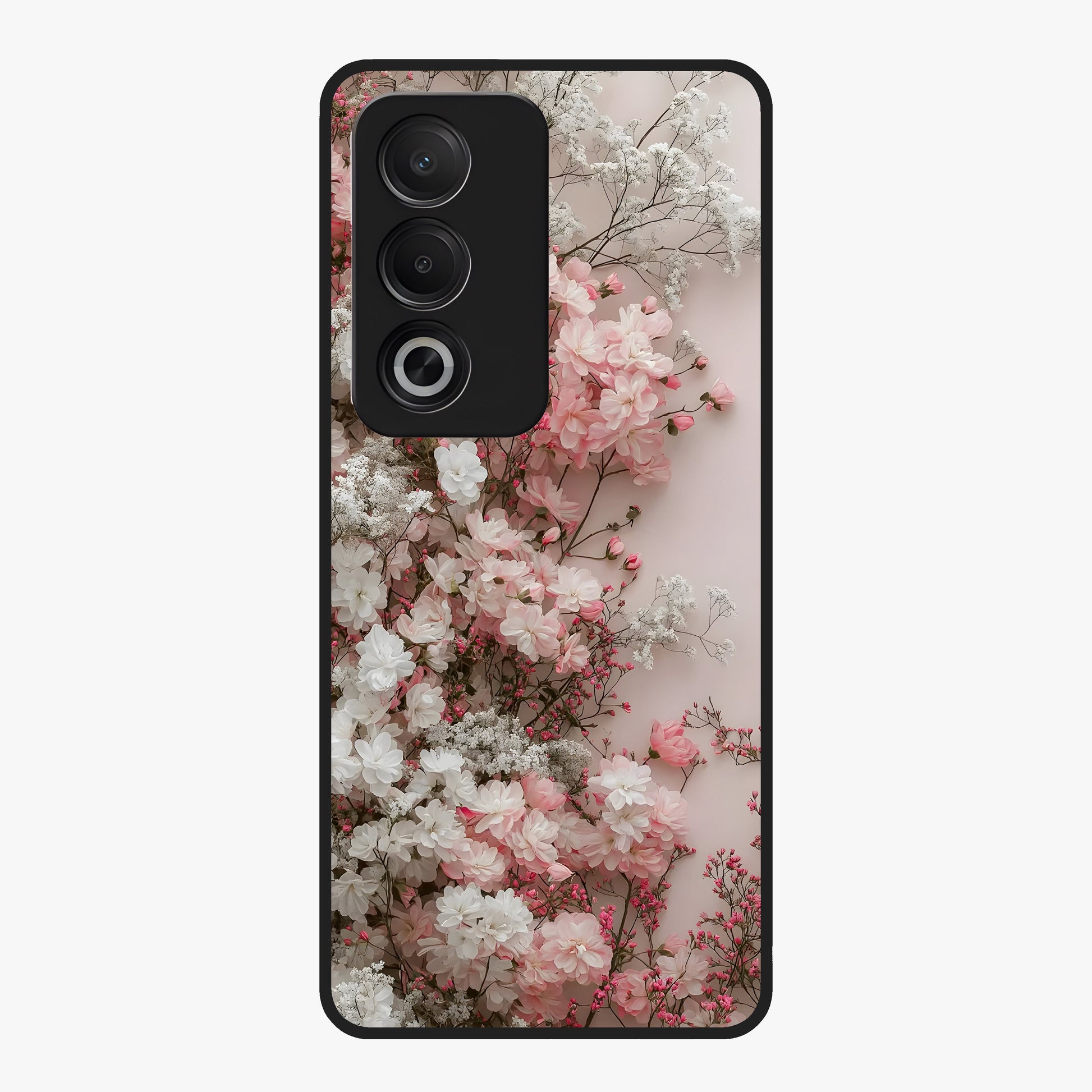 Blush Blossom Cloud Glass Case showing flat back view with dreamy blush cloud blossom artwork and glossy glass finish.