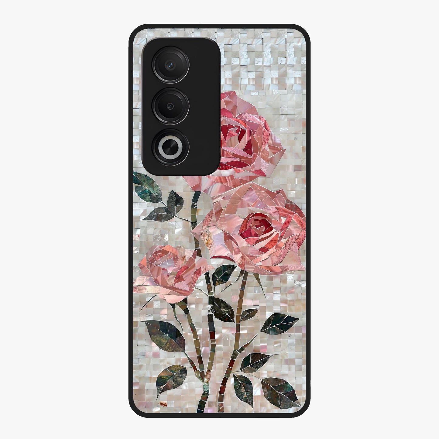 Blush Mosaic Bloom Glass Case showing flat back view with mosaic floral bloom artwork and glossy glass finish.