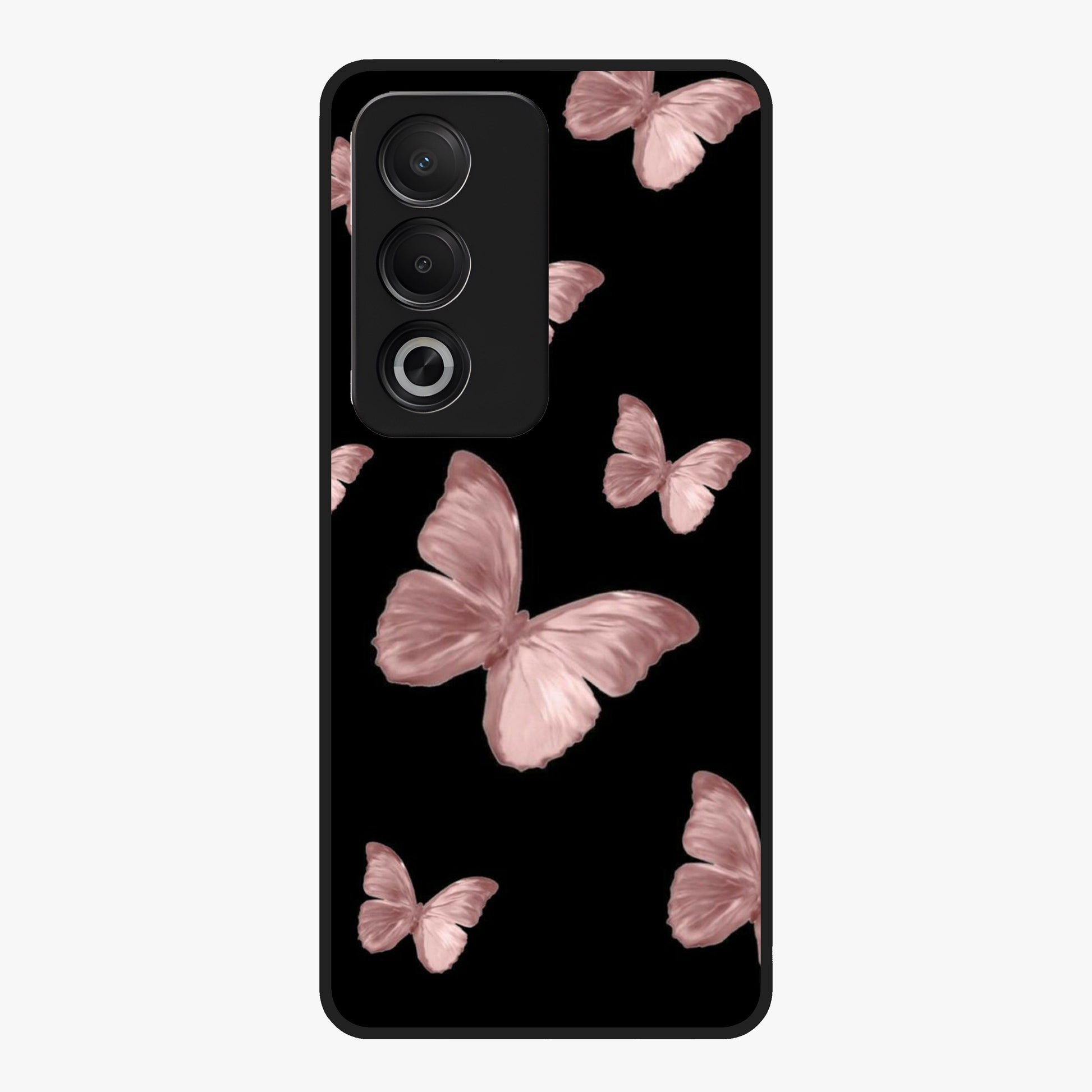 Butterfly Pattern Glass Case showing flat back view with elegant butterfly pattern artwork and glossy glass finish.