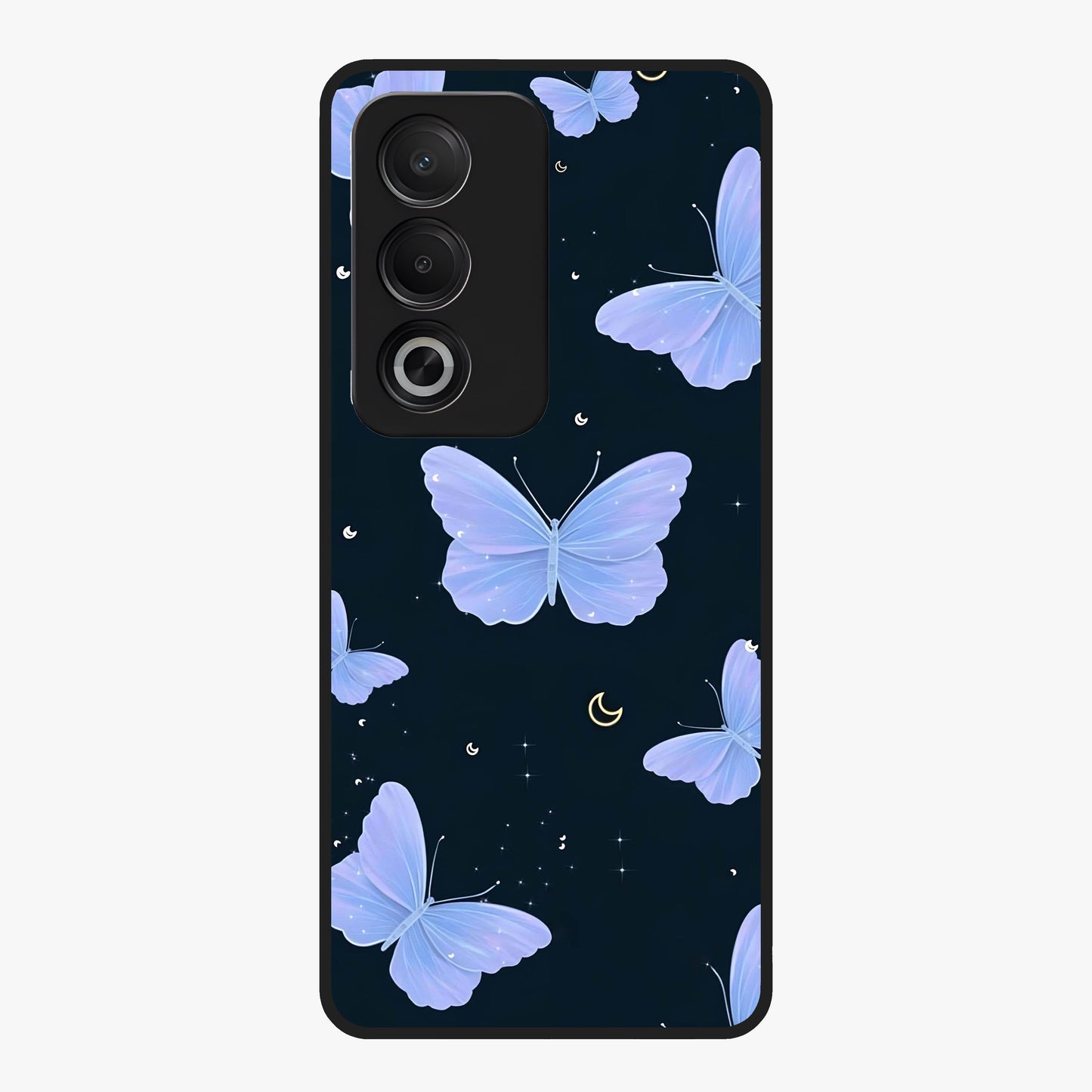 Butterfly With Stars Pattern Glass Case showing flat back view with butterfly and star pattern artwork and glossy glass finish.