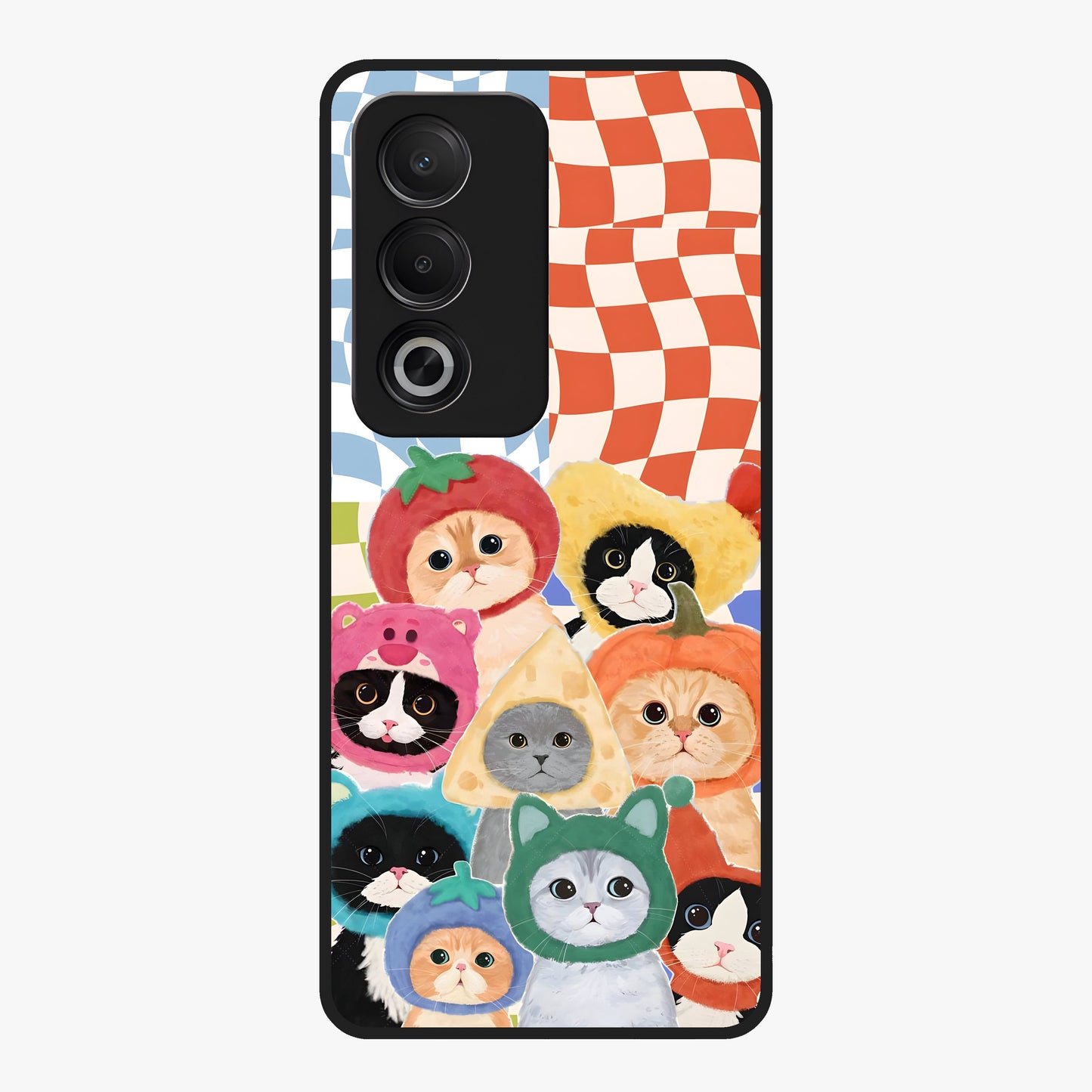 Cats in Fruits Glass Case showing flat back view with playful cat illustrations inside fruit artwork and glossy glass finish.