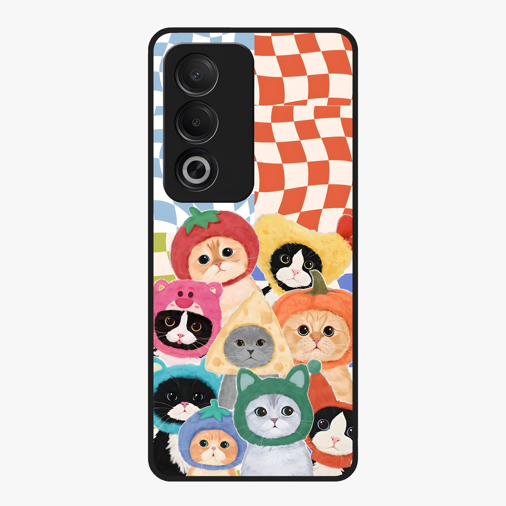 Cats in Fruits Glass Case showing flat back view with playful cat illustrations inside fruit artwork and glossy glass finish.
