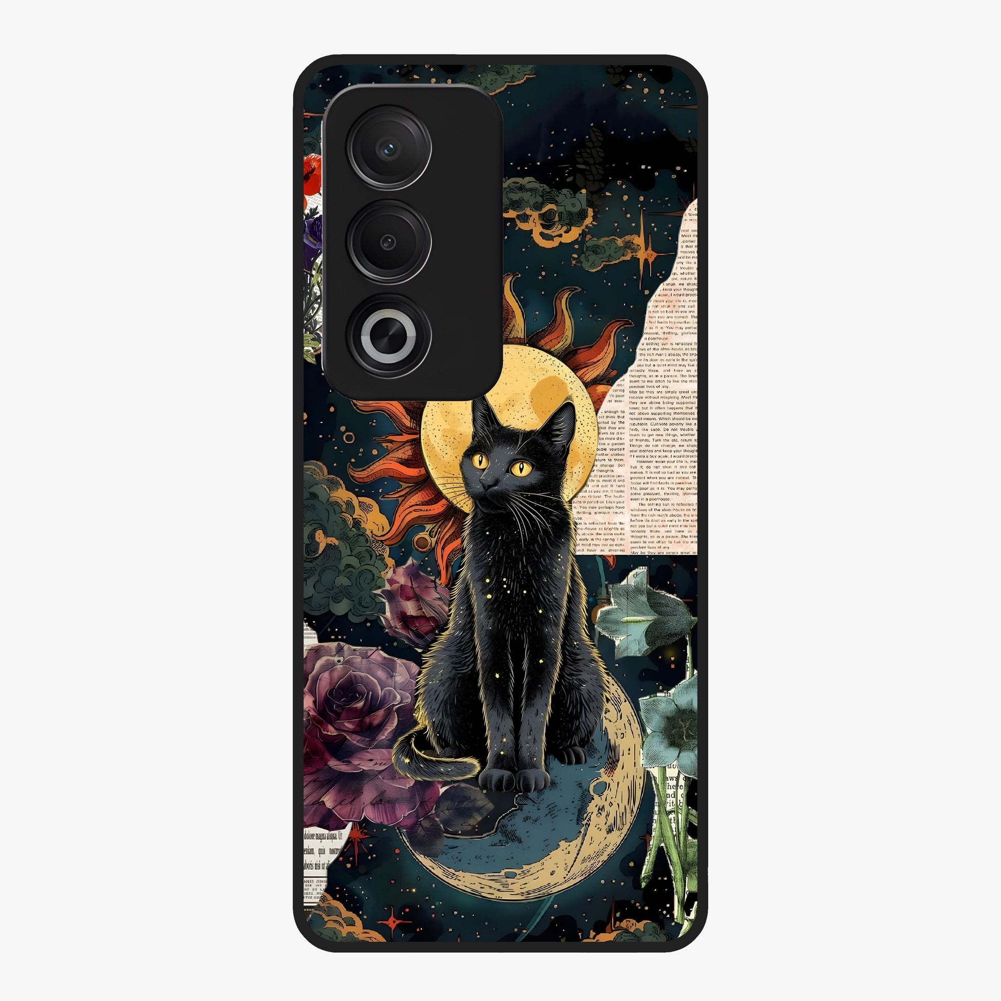 Celestial Black Cat Glass Case showing flat back view with mystical black cat artwork and glossy glass finish.