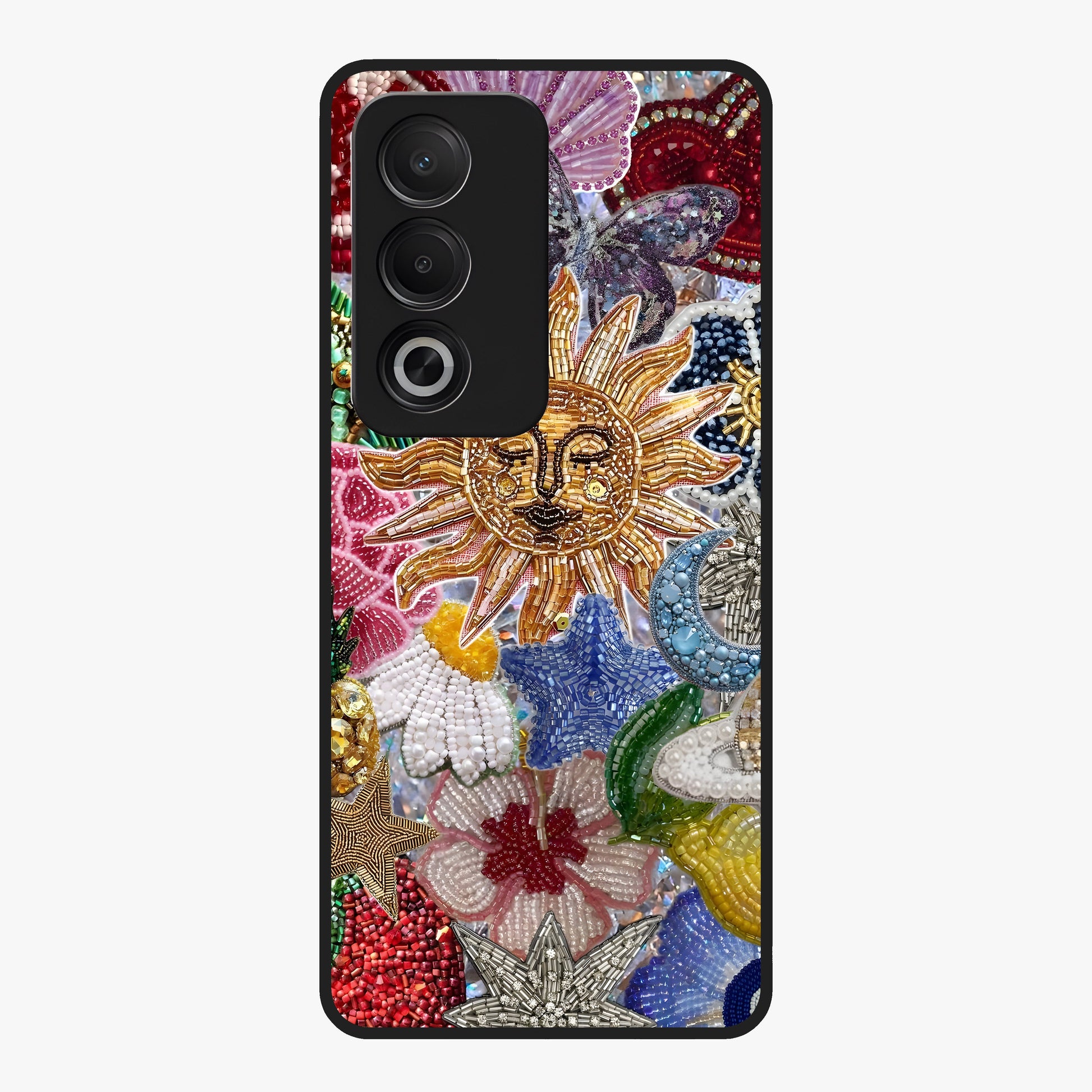Celestial Floral and Playful Glass Case showing flat back view with floral and celestial themed artwork and glossy glass finish.