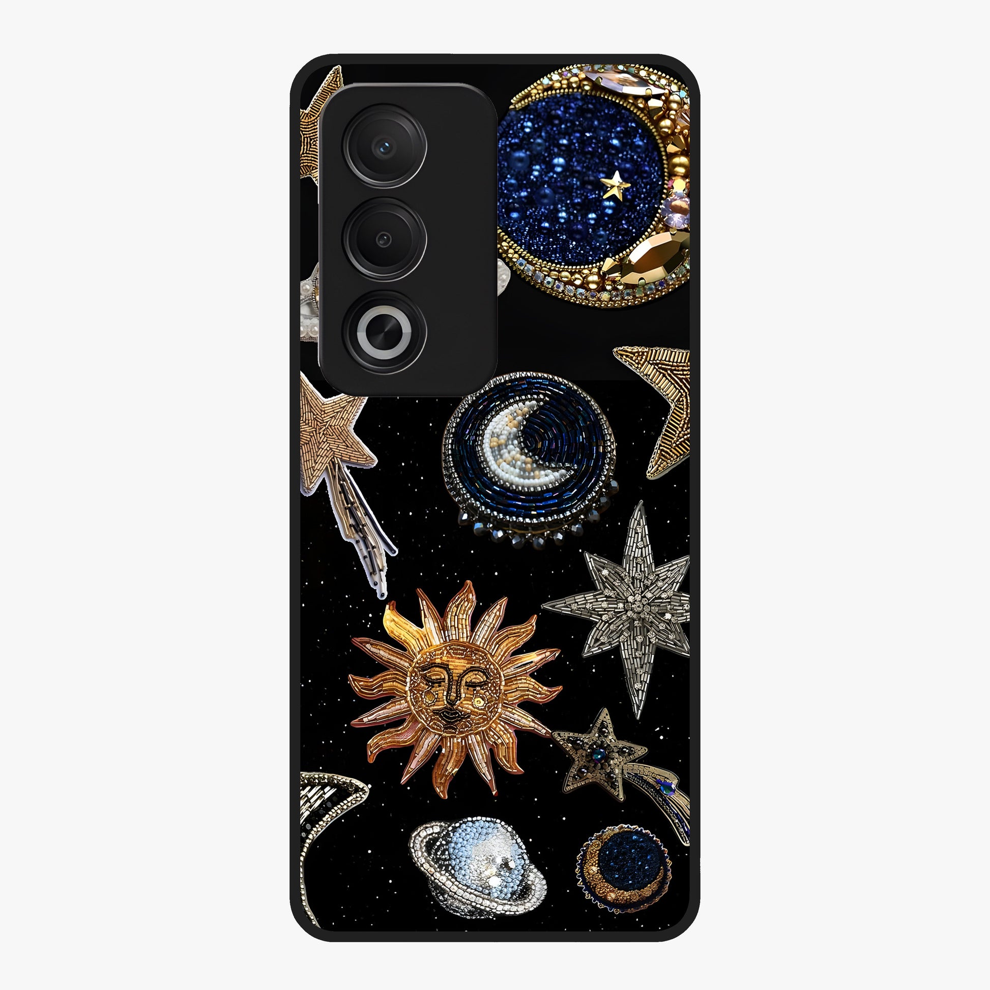 Celestial Gem Constellations Glass Case showing flat back view with sparkling constellation artwork and glossy glass finish.
