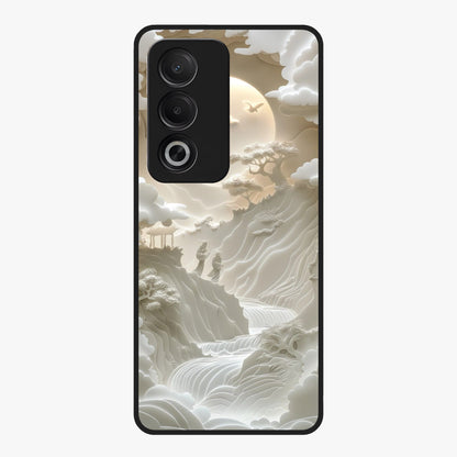 Celestial Origami Glass Case showing flat back view with artistic origami inspired celestial artwork and glossy glass finish.