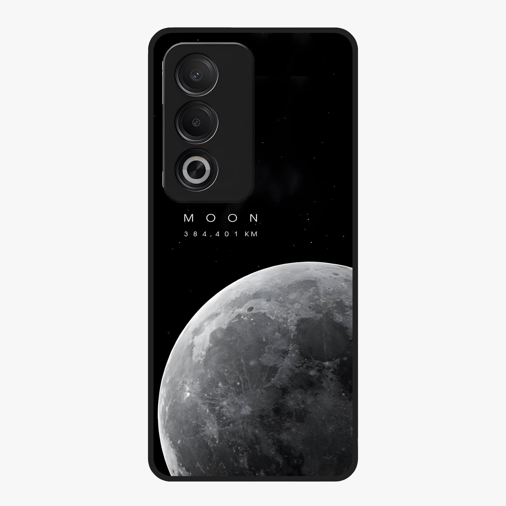 Cosmic Moon Glow Glass Case showing flat back view with glowing moon artwork and glossy glass finish.