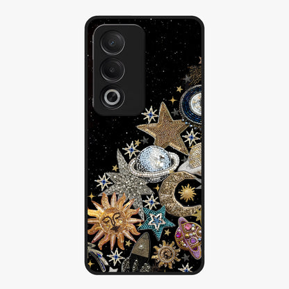 Cosmic Sparkle Dreams Glass Case showing flat back view with sparkling cosmic artwork and glossy glass finish.