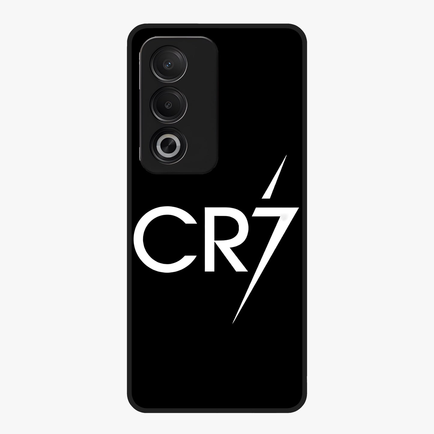 Cr7 Elite Strike Glass Case showing flat back view with dynamic football inspired artwork and glossy glass finish.