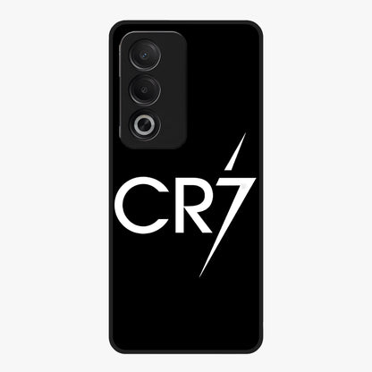 Cr7 Elite Strike Glass Case showing flat back view with dynamic football inspired artwork and glossy glass finish.