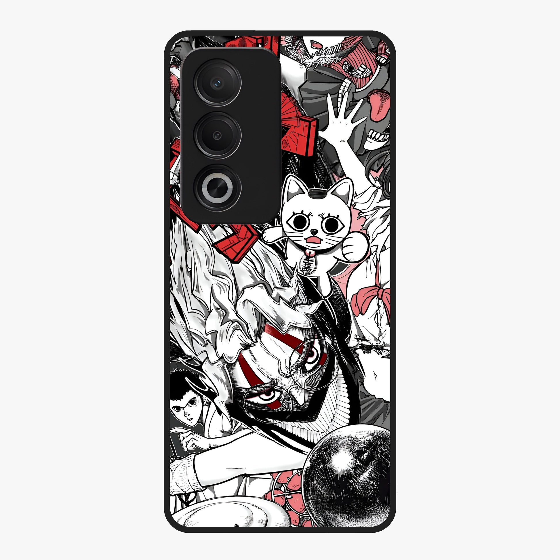 Crimson Chaos Panel Glass Case showing flat back view with bold crimson abstract artwork and glossy glass finish.