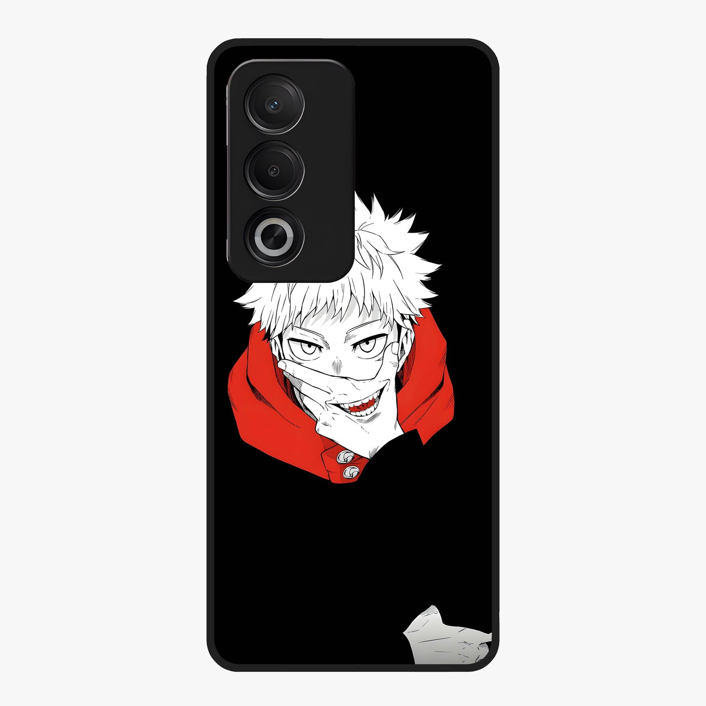 Crimson Chaos Smile Glass Case showing flat back view with bold chaotic smile artwork and glossy glass finish.