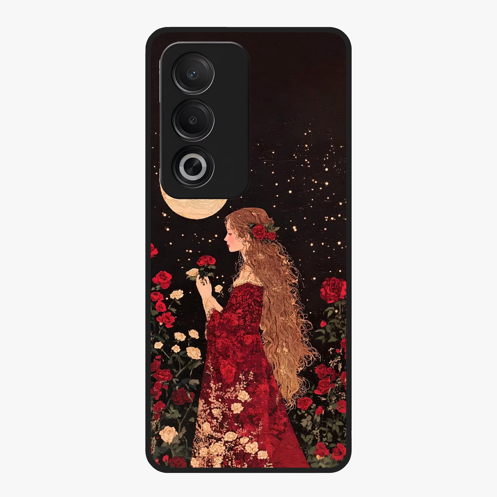 Crimson Dreams Glass Case showing flat back view with dreamy crimson artwork and glossy glass finish.