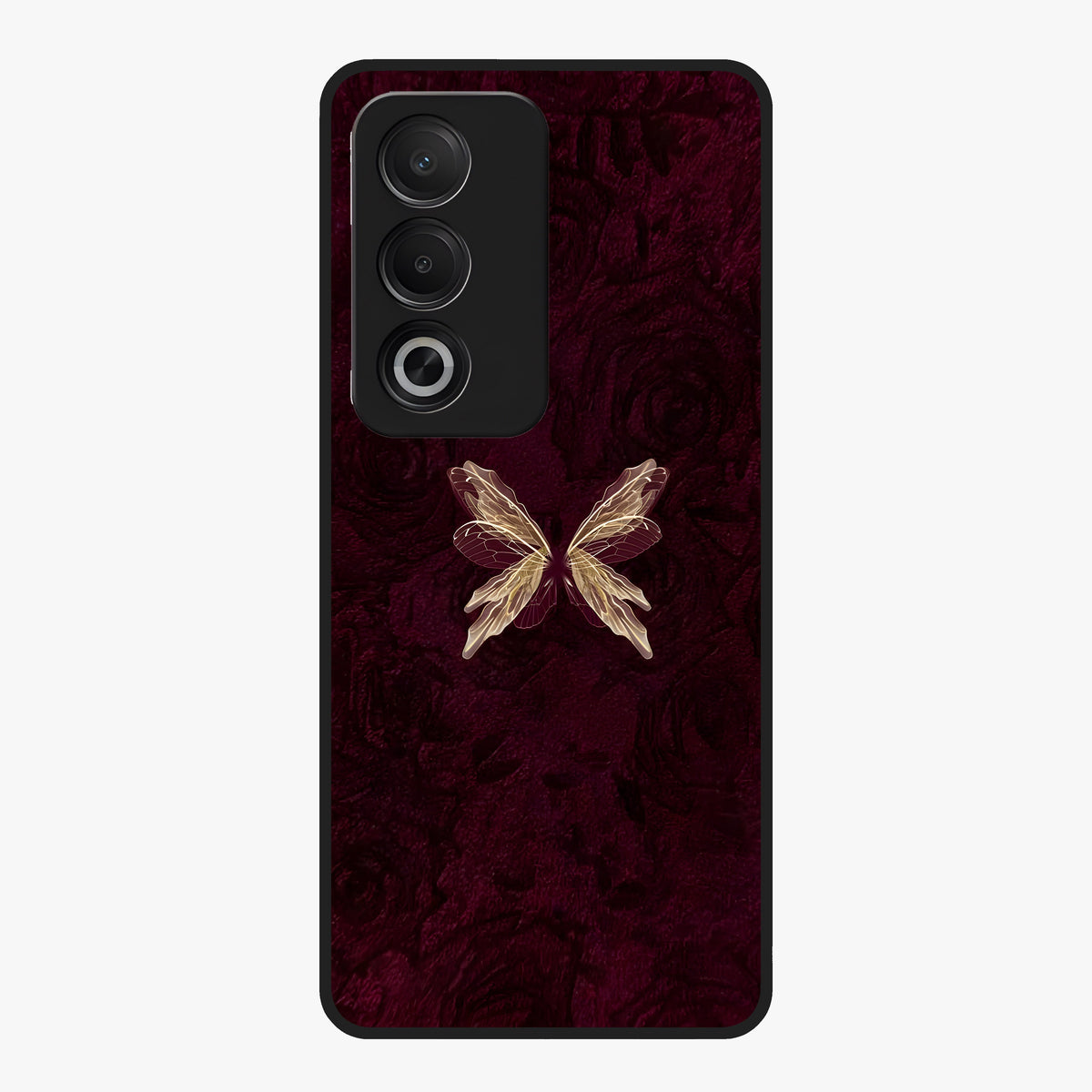 Crimson Fade Butterfly Glass Case showing flat back view with fading butterfly artwork and glossy glass finish.