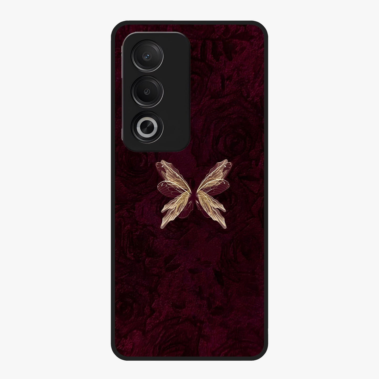 Crimson Fade Butterfly Glass Case showing flat back view with fading butterfly artwork and glossy glass finish.