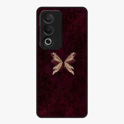 Crimson Fade Butterfly Glass Case showing flat back view with fading butterfly artwork and glossy glass finish.