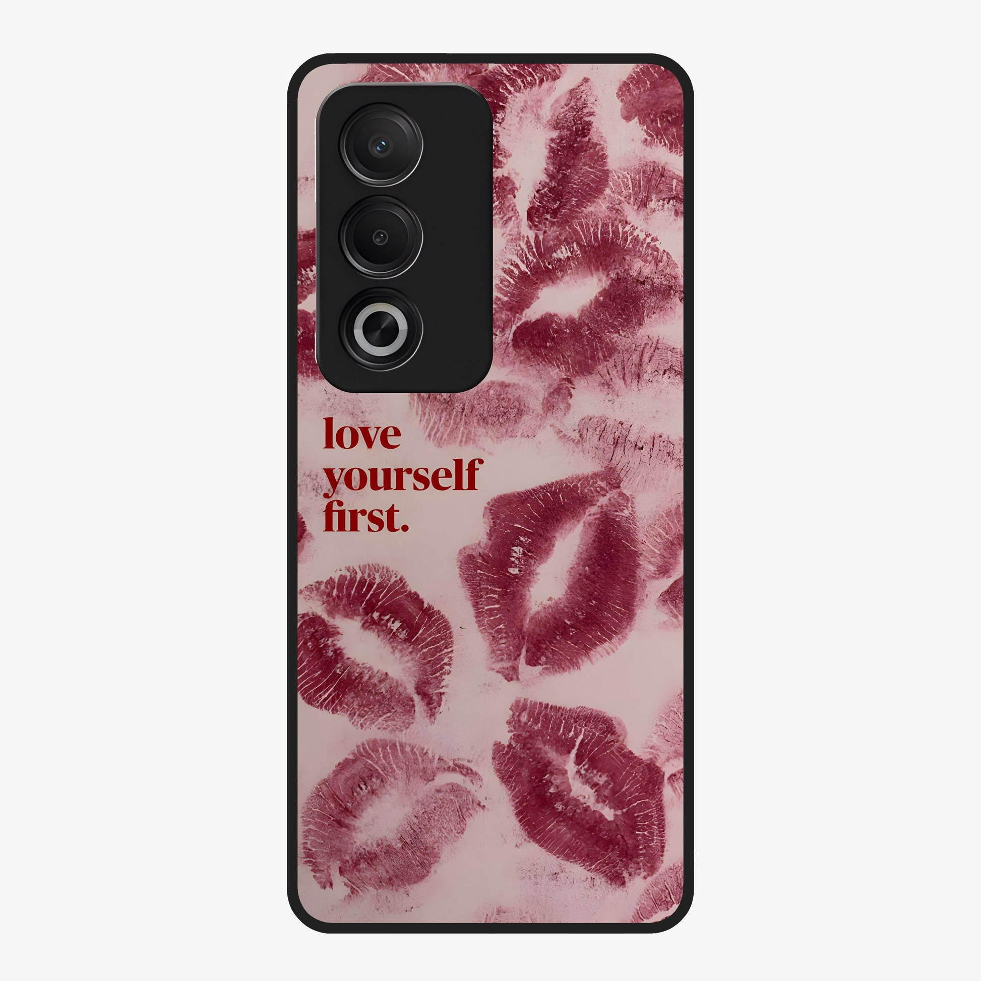 Crimson Kiss Love Glass Case showing flat back view with romantic crimson themed artwork and glossy glass finish.