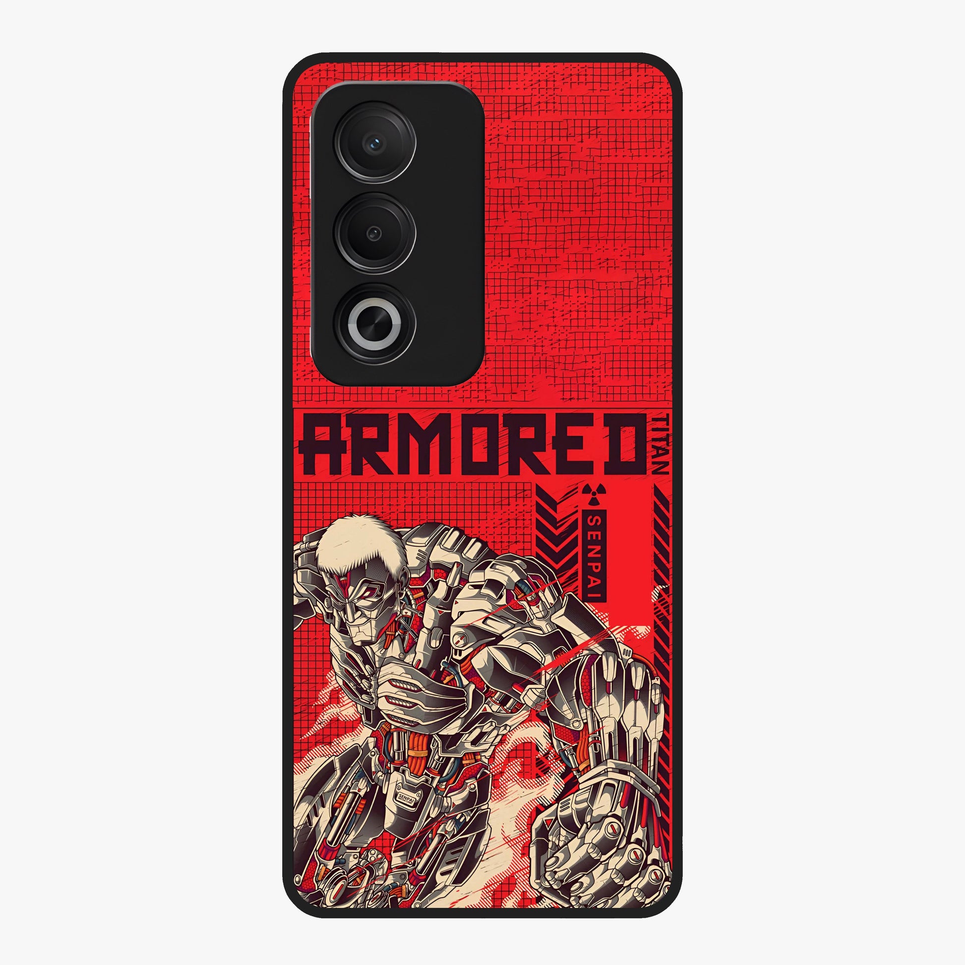 Crimson Mecha Titan Glass Case showing flat back view with powerful mech titan artwork and glossy glass finish.